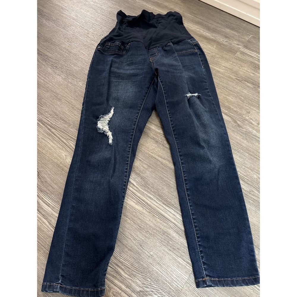 Haute Mama Maternity Distressed‎ Skinny Jeans Dark Wash Full Belly Panel Size L